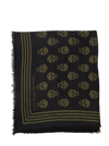 ALEXANDER MCQUEEN BLACK AND MILITARY GREEN SCARF WITH SKULL AND LOGO PRINT IN MODAL MAN