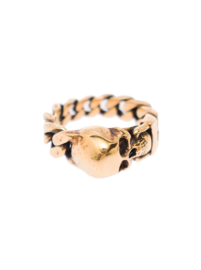 Alexander Mcqueen Gold-colored Chain Ring With Skull Detail In Brass Man In Metallic