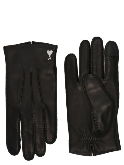 Ami Alexandre Mattiussi Ami De Coeur Leather Gloves In Black