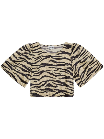 Ganni Zebra-print Crinked Cropped T-shirt In 531