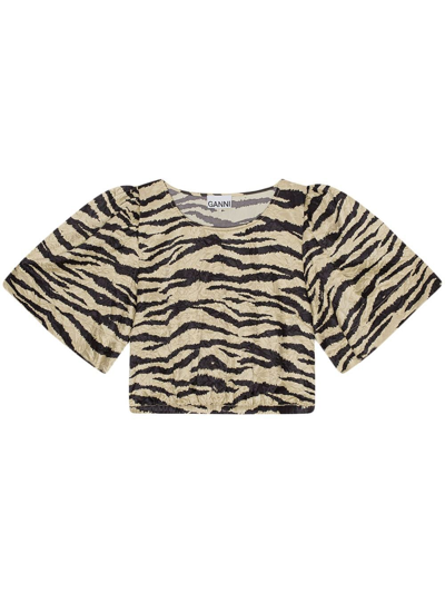 GANNI NEUTRAL ZEBRA-PRINT CRINKLED TOP - WOMEN'S - RECYCLED POLYESTER/ELASTANE,F801420134124