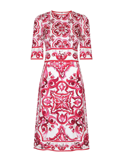 Dolce & Gabbana Graphic-patterned Darted Regular-fit Stretch-silk Midi Dress In Pink & Purple