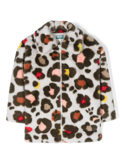 Kenzo Kids' Printed Faux Fur Coat In Grey