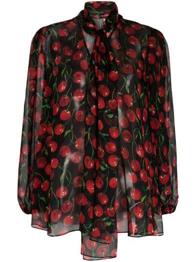 Dolce & Gabbana Cherry Printed Silk Chiffon Shirt In Black,red