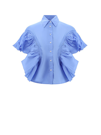 Az Factory Waterfall Ruffle-sleeve Cotton Shirt In Blue