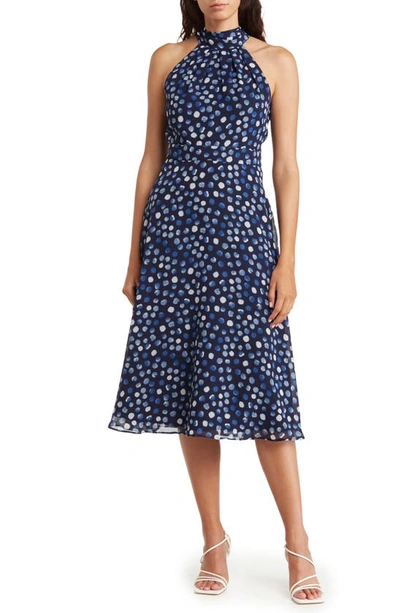 Eliza J Polka Dot Halter Pleated Midi Dress In Navy