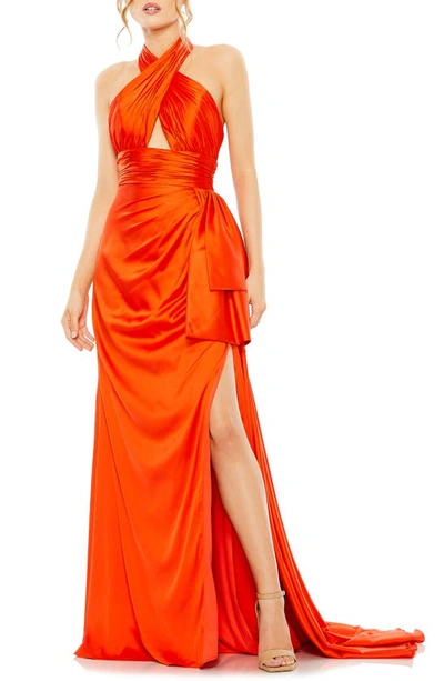 Mac Duggal Halter Neck Ruffle Side Slit Gown In Orange