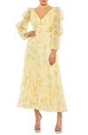 Mac Duggal Floral Print Chiffon Illusion Tiered Puff Dress In Yellow Multi