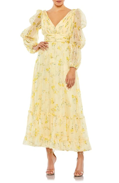 Mac Duggal Floral Print Chiffon Illusion Tiered Puff Dress In Yellow Multi