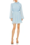Mac Duggal Draped High Neck Long Sleeve Mini Dress In Powder Blue