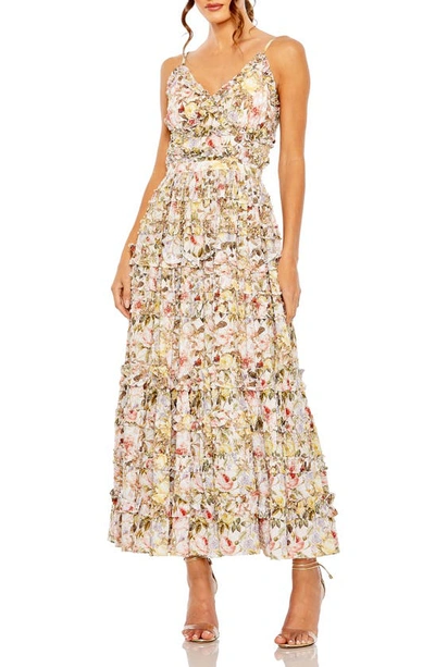 Mac Duggal Floral Print Ruffle Tiered Midi Dress In Ivory Multi