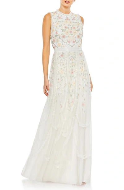 Mac Duggal Embellished Ruffle Mock Neck A-line Gown In Ivory Multi