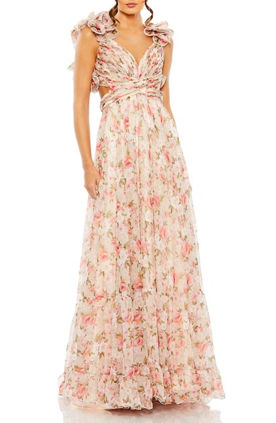 Mac Duggal Ruffle Tiered Cut-out Chiffon Floral Gown In Floral Multi
