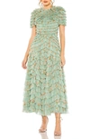 Mac Duggal Ruffle Tiered Short Sleeve A Line Dress In Sage Multi