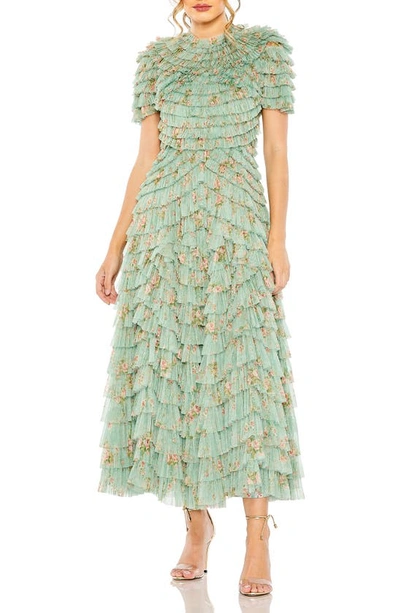 Mac Duggal Floral Ruffle Tiered Mesh Mock Neck Sleeveless Dress In Multi