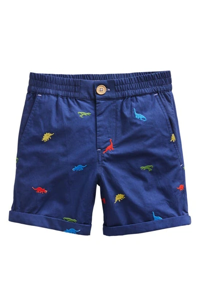 Mini Boden Kids' Dino Embroidered Cotton Roll-up Shorts In Dinosaur Embroidery Navy
