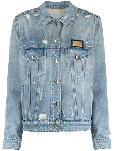 Dolce & Gabbana Logo-plaque Stonewashed Denim Jacket In Blue