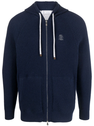 Brunello Cucinelli Logo-embroidered Zip-up Hoodie In Blue