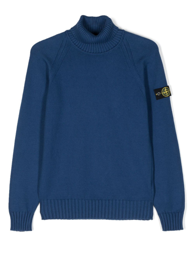 Stone Island Junior Kids' Compass-motif Roll-neck Jumper In Blue