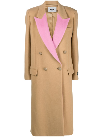 Msgm Contrasting-lapel Double-breasted Coat In Camel