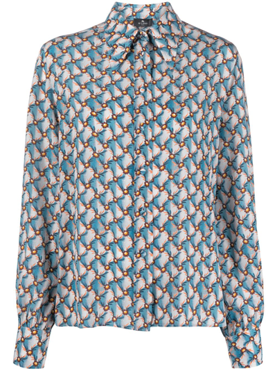 Etro Micro Floral Silk Button-front Shirt In Blue