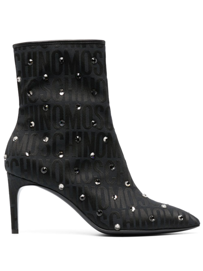 Moschino Monogram Crystal-embellished Boots In Nero