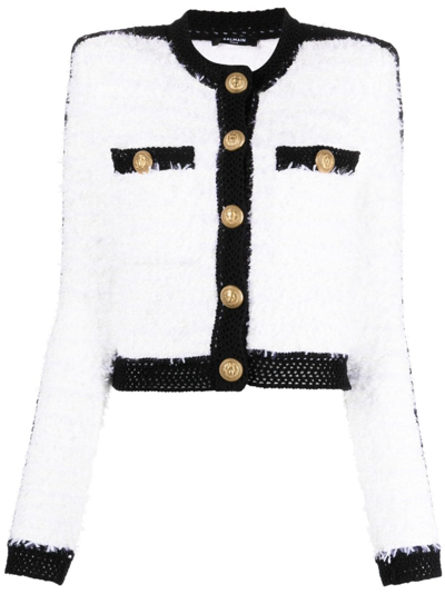 Balmain Tweed Knit Cropped Jacket In White