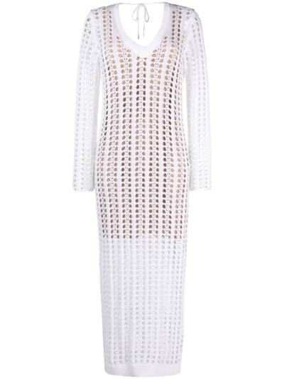 Brunello Cucinelli Open-knit Crochet Midi Dress In Cj159 Bianco