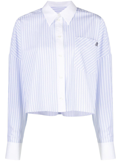Msgm Cropped Striped Shirt In Blue