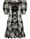 Alessandra Rich Lace-up Checked Wool Minidress In Nero E Bianco