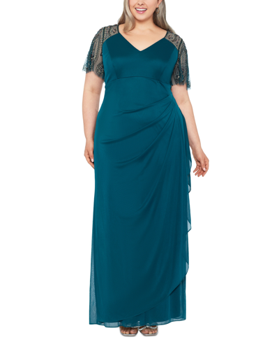 Xscape Plus Size Embellished Sheer Matte Jersey Gown In Neo Emerald