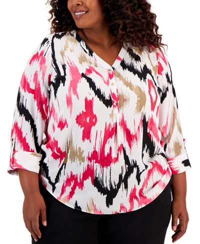 Jm Collection Plus Size Printed Utility Top, Created For Macy's In Bright White Combo