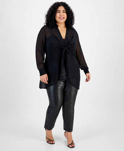 Bar Iii Plus Size Tie-front Semi-sheer Blouse, Created For Macy's In Deep Black