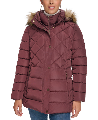 Tommy Hilfiger Women's Bibbed Faux-fur-trim Hooded Puffer Coat, Created For Macy's In Aubergine