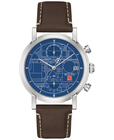 Bulova Men's Chronograph Frank Lloyd Wright Blueprint Brown Leather Strap Watch 39mm In Blue/brown