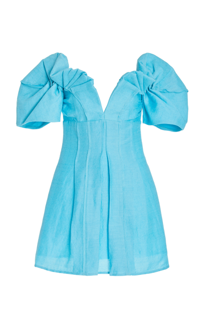 Cult Gaia Asal Ruffled Off-shoulder Mini Silk Dress In Blue
