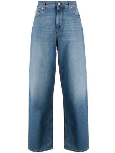 Valentino Logo Patch Wide Leg Jeans In Blue