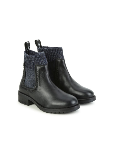Chloé Kids' Sock-style Ankle Leather Boots In Nero