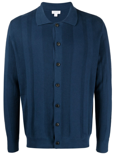 Sunspel Ribbed Knitted Cardigan In Blue