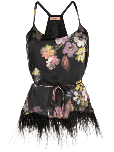 Twinset Floral-print Feather-trim Cami Top In Black