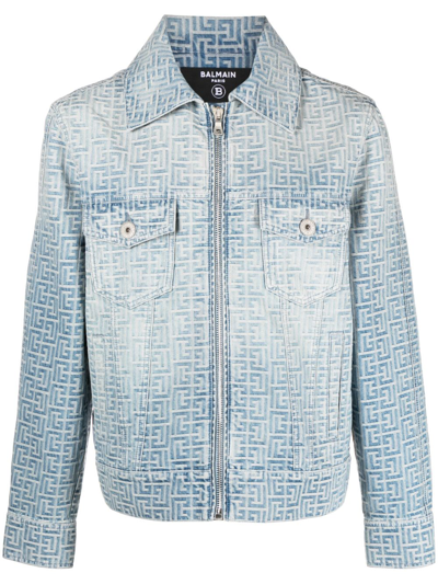 Balmain Jacquard-monogram Zip-up Denim Jacket In Blue