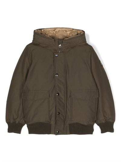 Woolrich Kids' Buttoned Hooded Bomber Jacket In Green
