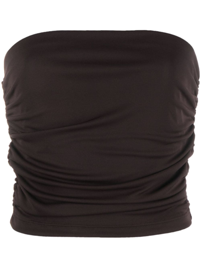 The Andamane Ruched Strapless Cropped Top In Brown