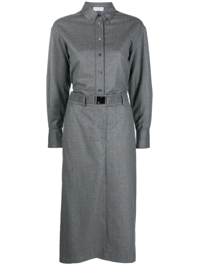 Brunello Cucinelli Belted Shirt Midi Dress In Gray