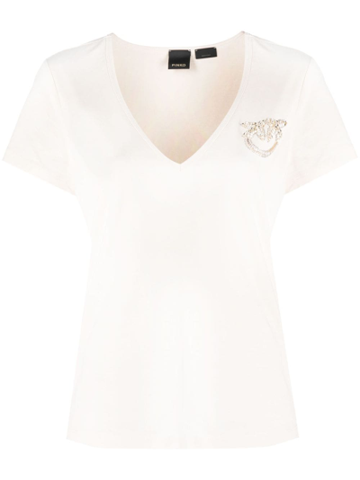 Pinko Rhinestone-logo V-neck T-shirt In Pink