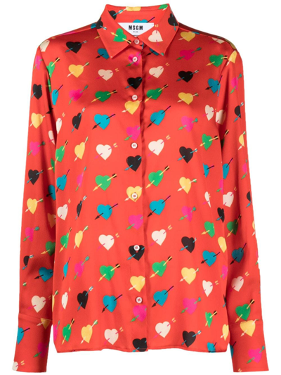 Msgm Heart-print Long-sleeve Shirt In Red