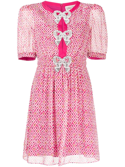 Saloni Jamie Bow-detail Graphic-print Minidress In Pink