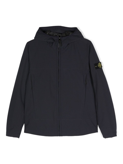 Stone Island Kids' Compass-motif Hooded Jacket In Blue