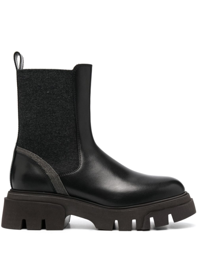 Brunello Cucinelli Black Boots With Monile Detail And Chunky Platform In Leather Woman