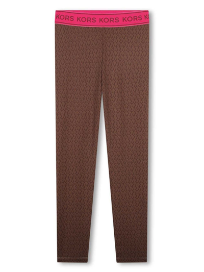 Michael Kors Kids' Monogram Logo-waist Leggings In Brown